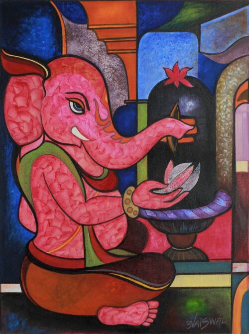 Red Ganesha Painting from India, 'Worshipping Ganesha'