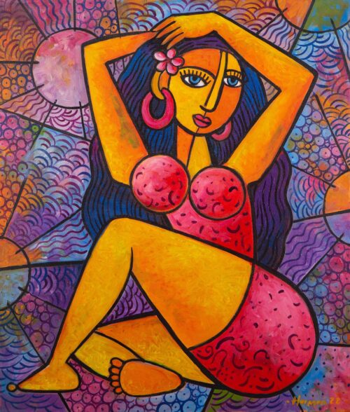 Signed Acrylic Painting on Canvas, 'Ni Wayan Kashi'