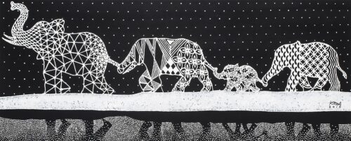 Signed Black and White Painting of an Elephant Family, 'Family'