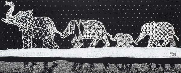 Signed Black and White Painting of an Elephant Family, 'Family'