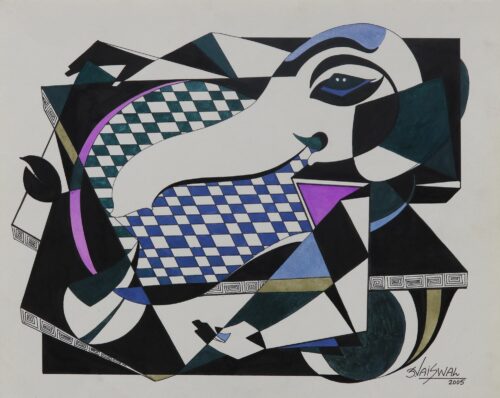 Signed Cubist Painting of Ganesha from India, 'Creative Ganesha'