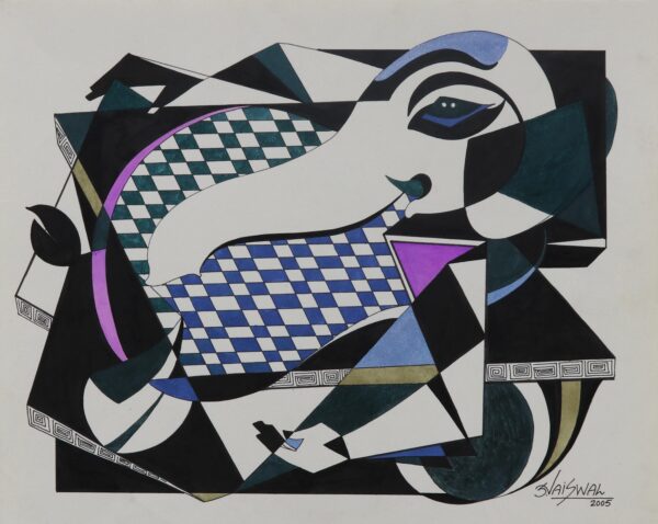 Signed Cubist Painting of Ganesha from India, 'Creative Ganesha'