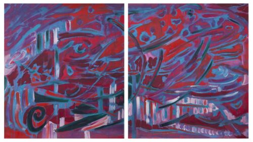 Signed Expressionist Blue and Red Diptych Painting from Peru, 'Under the Red Sky'