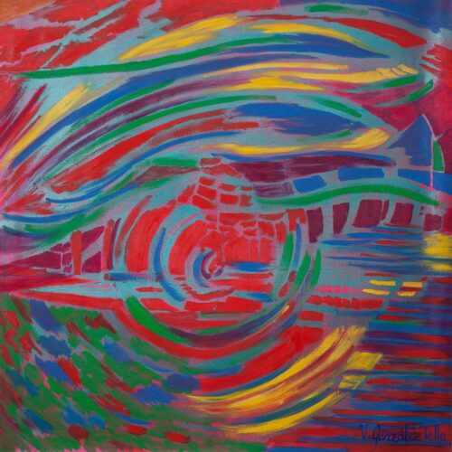 Signed Expressionist Colorful Painting from Peru, 'Sunset'