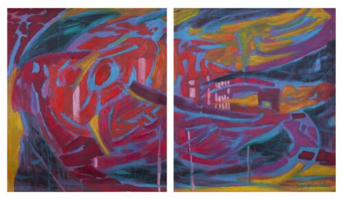 Signed Expressionist Multicolored Diptych Painting from Peru, 'Northern Lights'