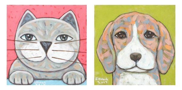 Signed Naif Diptych of a Cat and a Dog from Thailand, 'Best Friend' Signed Naif Diptych of a Cat and a Dog from Thailand, 'Best Friend'