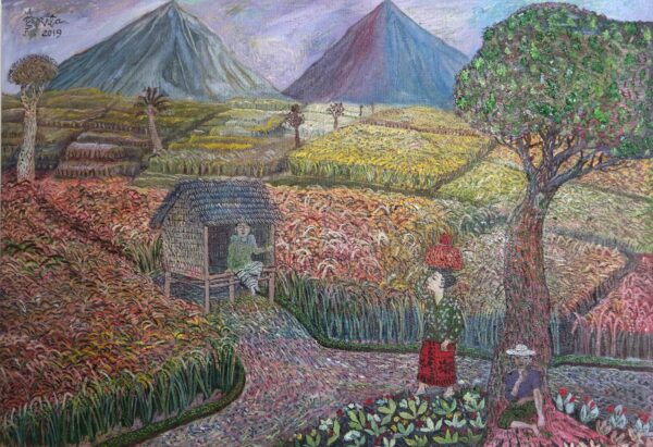 Signed Naif Landscape Painting from Bali (2019), 'Harvesting Paddy' Signed Naif Landscape Painting from Bali (2019), 'Harvesting Paddy'