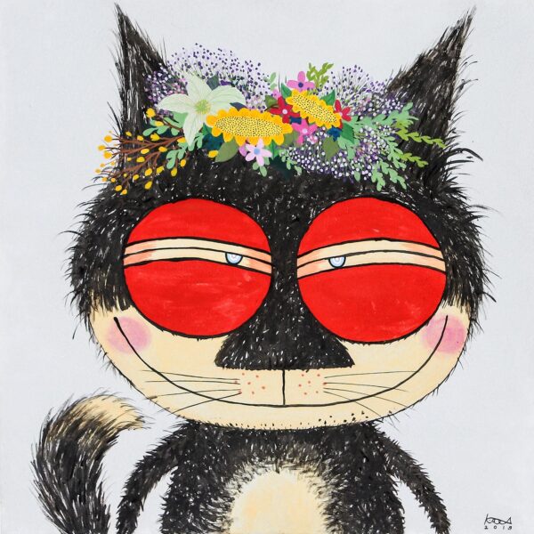 Signed Naif Painting of a Black Cat from Thailand, 'Flora Black Cat'