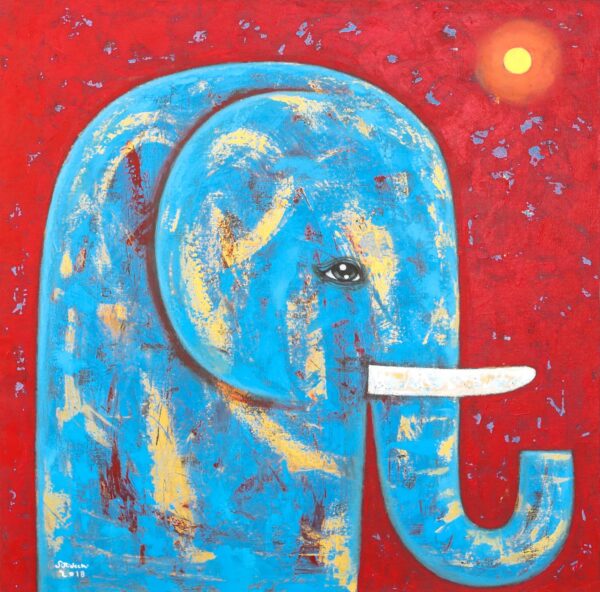 Signed Naif Painting of a Blue Elephant from Thailand, 'Red Full Moon'