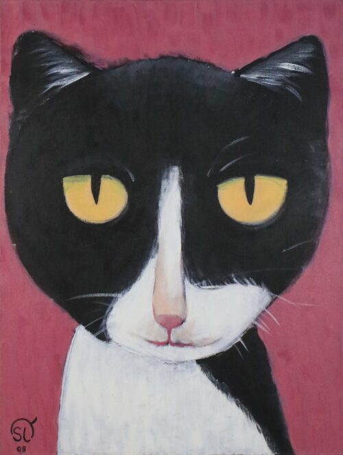 Signed Naif Painting of a Cat from Thailand, 'Bat Man Cat'