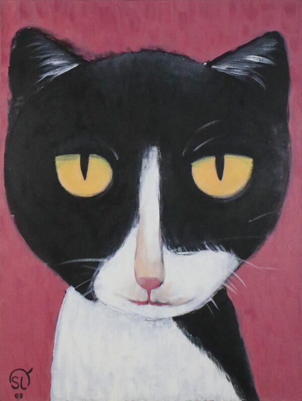 Signed Naif Painting of a Cat from Thailand, 'Bat Man Cat'