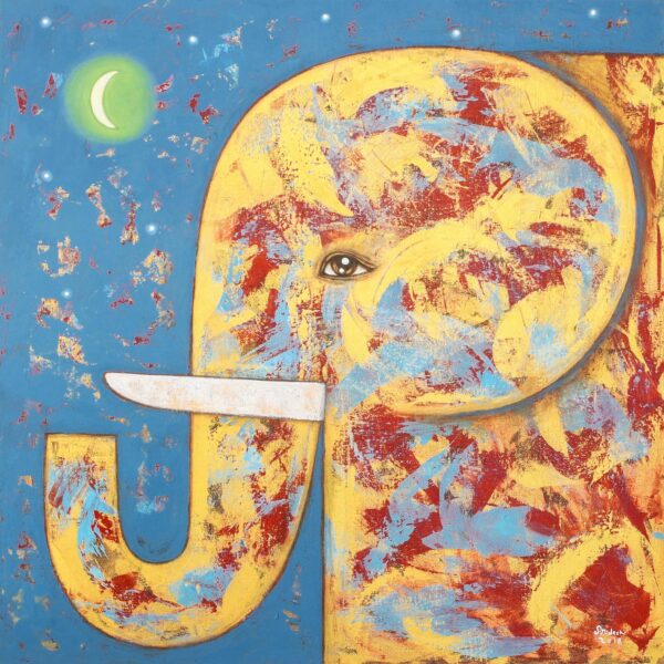 Signed Naif Painting of a Yellow Elephant from Thailand, 'Elephant and the Crescent Moon' Signed Naif Painting of a Yellow Elephant from Thailand, 'Elephant and the Crescent Moon'