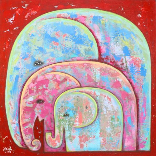 Signed Naif Painting of an Elephant Family from Thailand, 'Together' Signed Naif Painting of an Elephant Family from Thailand, 'Together'