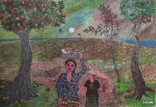 Signed Naif Painting of Two Villagers (2019), 'Fishing' Signed Naif Painting of Two Villagers (2019), 'Fishing'