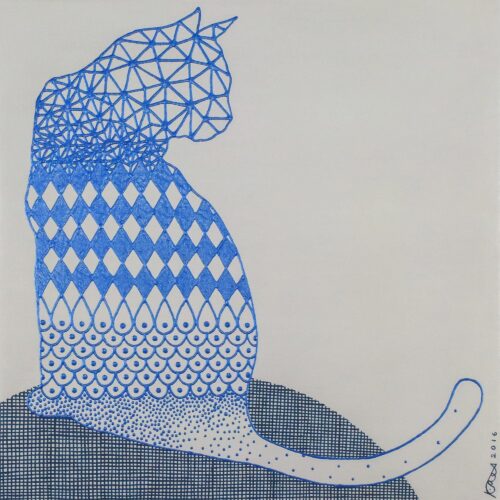 Signed Op Art Painting of a Cat in Blue from Thailand, 'Turn Around'