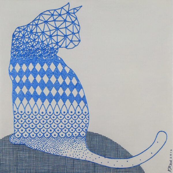 Signed Op Art Painting of a Cat in Blue from Thailand, 'Turn Around' Signed Op Art Painting of a Cat in Blue from Thailand, 'Turn Around'
