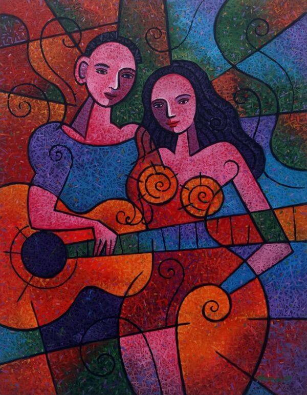 Signed Original Cubist Fine Art Painting from Java, 'Intimacy'