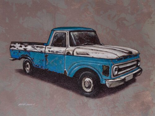 Signed Painting of a Blue Pickup Truck from Peru (2018), 'By the Road' Signed Painting of a Blue Pickup Truck from Peru (2018), 'By the Road'
