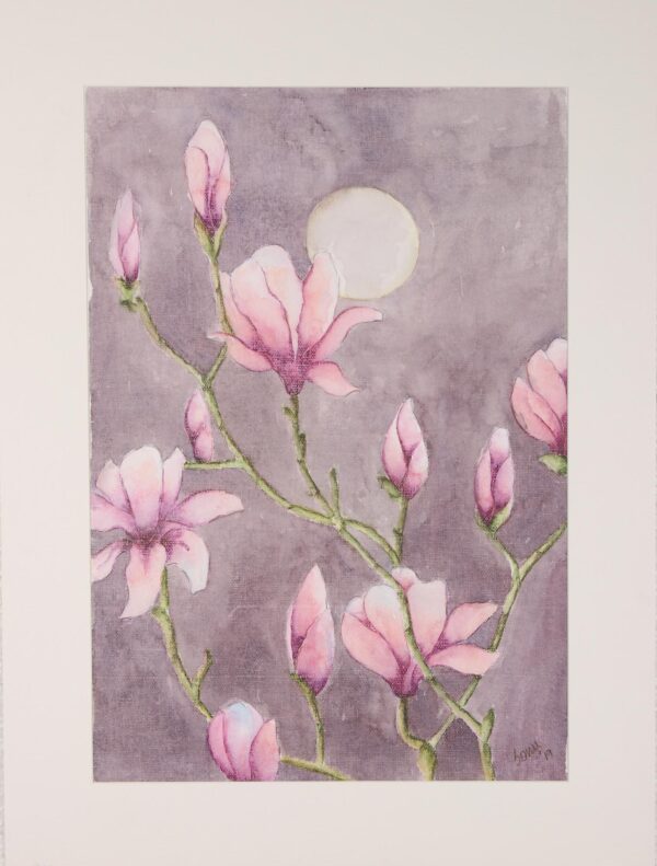 Signed Pink Magnolia Painting from India, 'Magnolia in Moonlight'