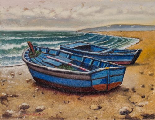 Signed Realist Painting of Two Blue Boats from Peru, 'Sweet Blue Sea' Signed Realist Painting of Two Blue Boats from Peru, 'Sweet Blue Sea'