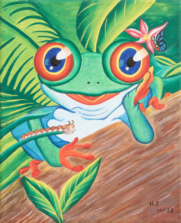 Signed Stretched Acrylic Naif Painting in a Vibrant Palette, 'Frog' Signed Stretched Acrylic Naif Painting in a Vibrant Palette, 'Frog'