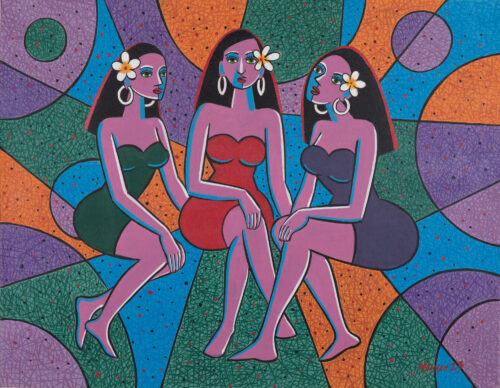 Signed Unstretched Cubist Acrylic Painting in Vibrant Colors, 'Trio of Balinese Women'