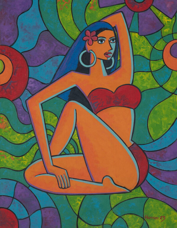 Signed Unstretched Tropical Cubist Acrylic Painting, 'Strong Women' Signed Unstretched Tropical Cubist Acrylic Painting, 'Strong Women'