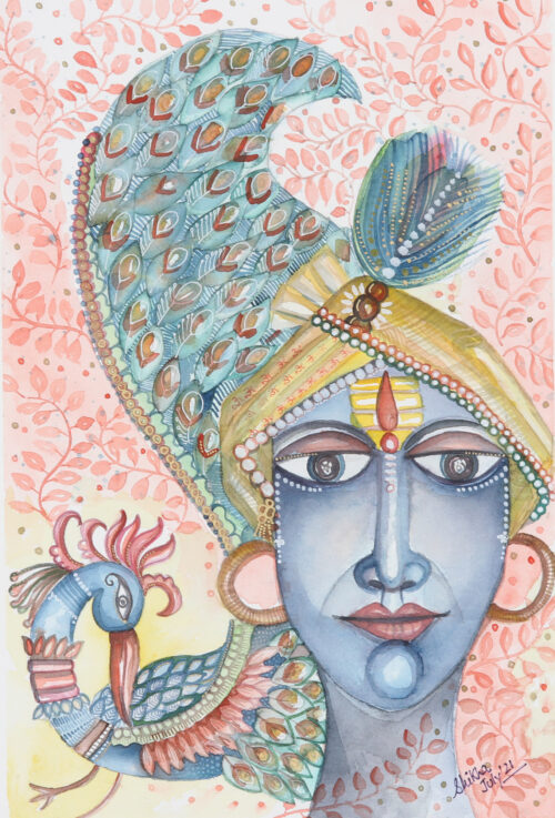 Signed Unstretched Watercolor Painting of Indian Deity, 'Benevolent Krishna' Signed Unstretched Watercolor Painting of Indian Deity, 'Benevolent Krishna'