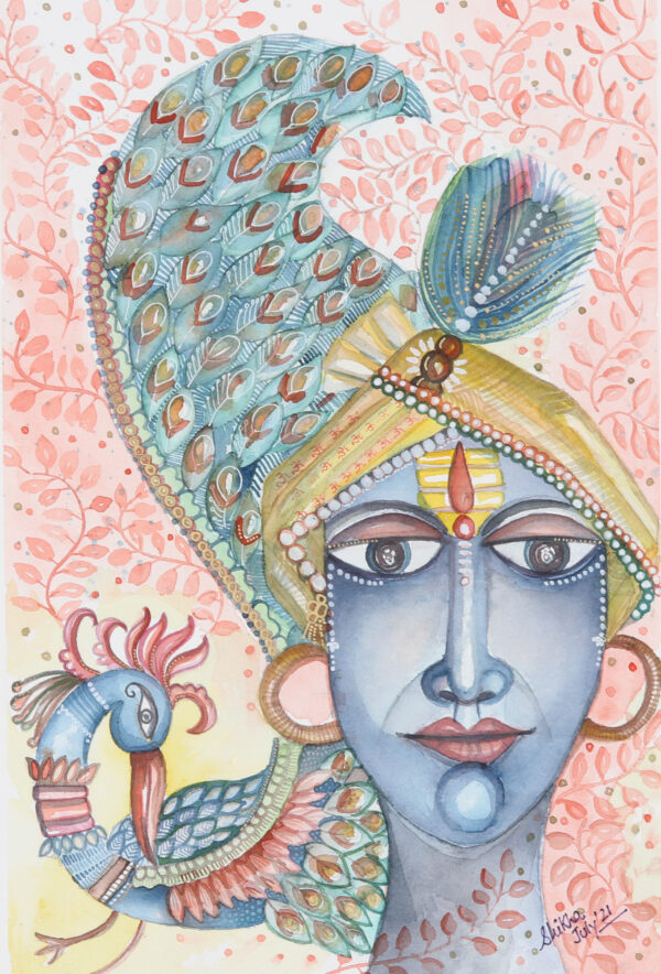 Signed Unstretched Watercolor Painting of Indian Deity, 'Benevolent Krishna'