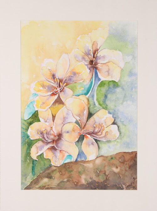Signed Watercolor Painting of Yellow Lilies from India, 'Lily Enthrall I' Signed Watercolor Painting of Yellow Lilies from India, 'Lily Enthrall I'
