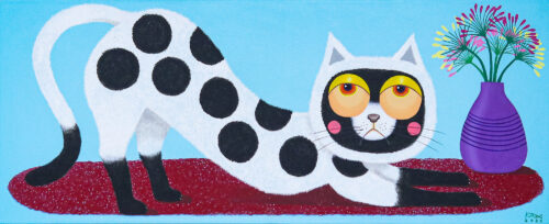 Signed Whimsical Naif Acrylic Painting of a Spotted Cat, 'Nine Spotted'
