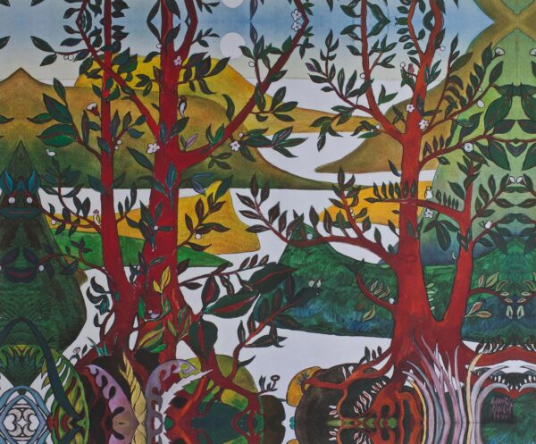 Springtime Mountain Landscape Giclée Print on Canvas Mexico, 'Four Red Trees'