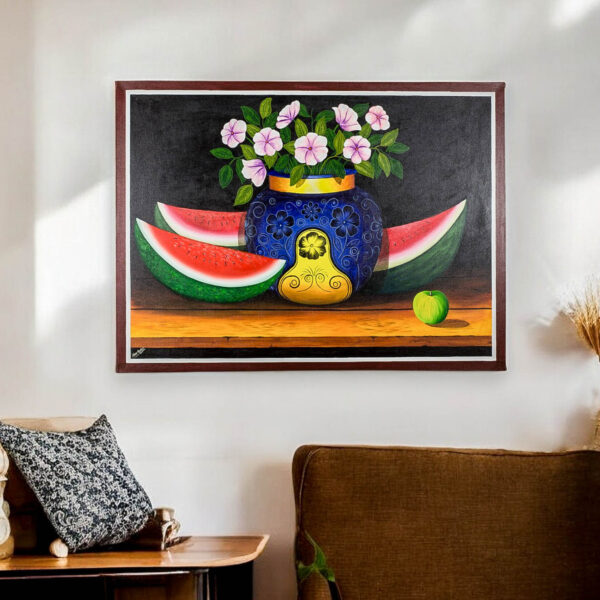 Still Life Painting of Watermelon and Flowers Guatemala Art, 'Flowers and Watermelon' Still Life Painting of Watermelon and Flowers Guatemala Art, 'Flowers and Watermelon'