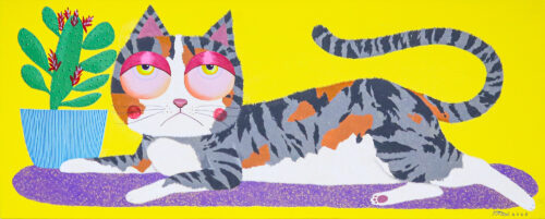 Stretched Whimsical Naif Acrylic Cat Painting in Yellow Hues, 'Comic Cat'