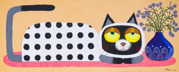 Thai-Made Whimsical Naif Acrylic Painting of a Sleepy Cat, 'Bengal'
