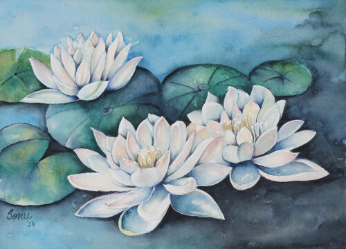 Watercolor on Paper Painting of a Pond with Lotus Flowers, 'Whispers of the Lotus Pond' Watercolor on Paper Painting of a Pond with Lotus Flowers, 'Whispers of the Lotus Pond'