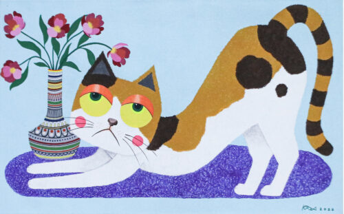 Whimsical Cat-Themed Naif-Themed Acrylic on Canvas Painting, 'Morning Stretch in Bloom'