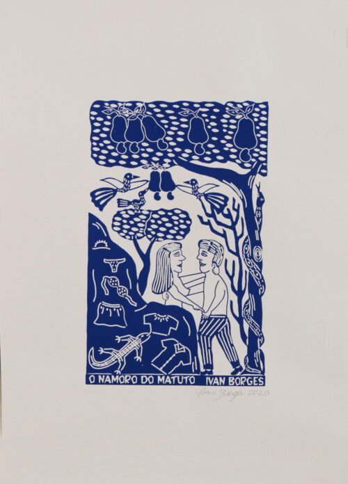 Young Lovers Blue and White Brazilian Woodcut Print, 'Country Courtship' Young Lovers Blue and White Brazilian Woodcut Print, 'Country Courtship'